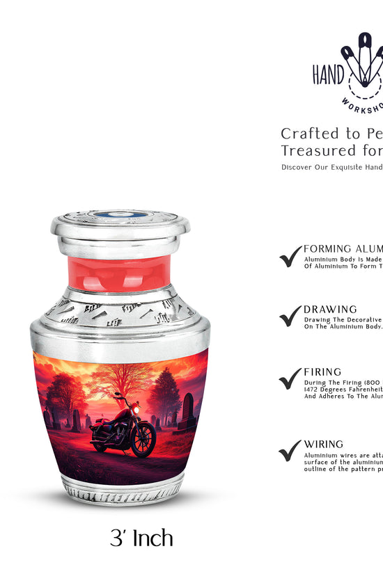 Rich Red Bike Cremation Urn top-down view of secure threaded lid - stylized abstract bike pattern with bold lines - mini keepsake memorial for portion of cremation ashes