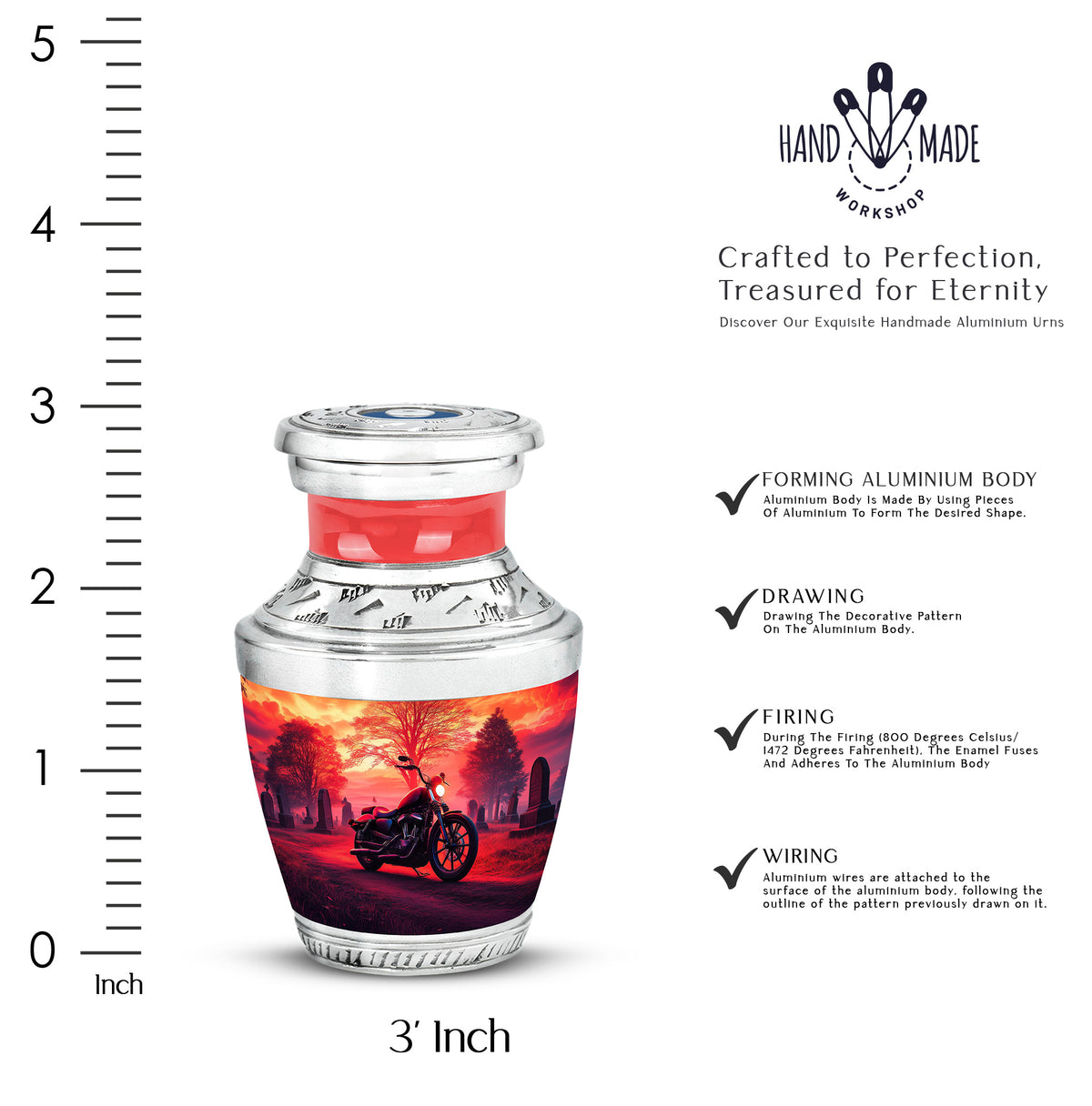 Rich Red Bike Cremation Urn top-down view of secure threaded lid - stylized abstract bike pattern with bold lines - mini keepsake memorial for portion of cremation ashes