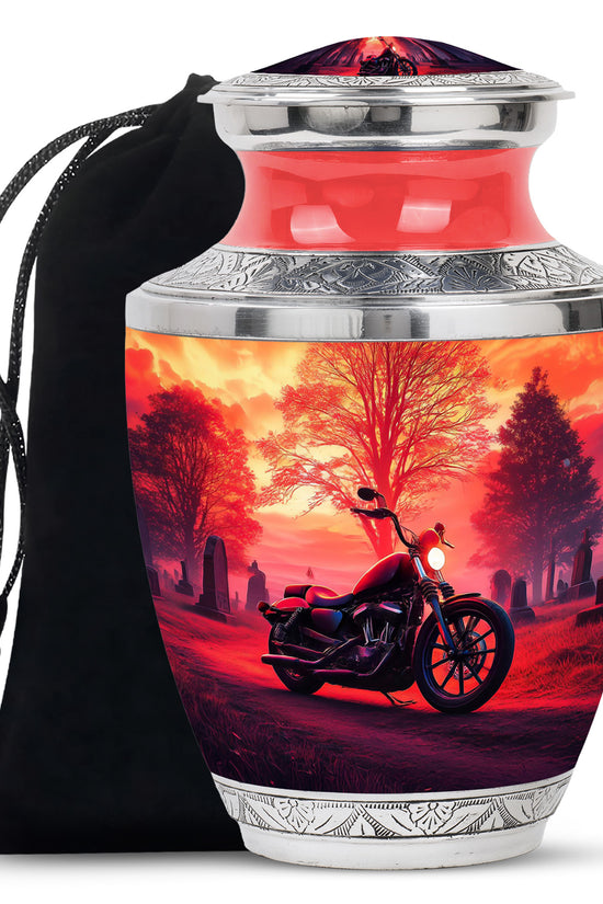 Cherry Red Bike Cremation Urn side profile showing urn shape - artistic bike interpretation with creative detail - full-size 10 inch 200 cubic inch adult cremation urn