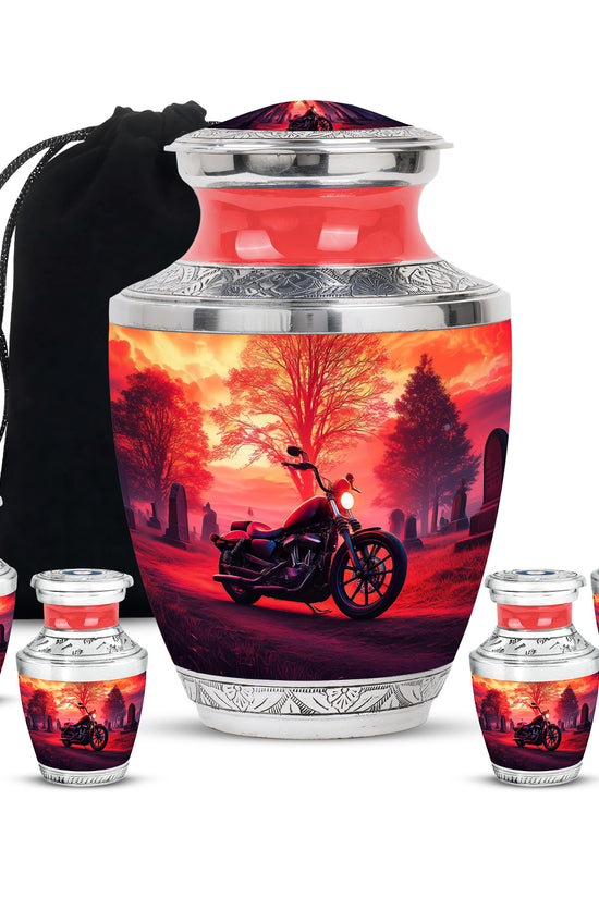 Burgundy Red Bike Cremation Urn lifestyle display on memorial shelf - contemporary bike design with modern artistic flair - memorial set with one large and four small urns