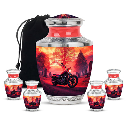 Burgundy Red Bike Cremation Urn lifestyle display on memorial shelf - contemporary bike design with modern artistic flair - memorial set with one large and four small urns