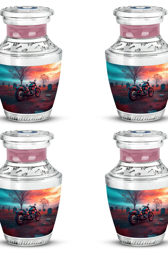 Jewel Teal Bike Cremation Urn back view with polished surface - modern art-inspired bike motif on sleek aluminum - 10 inch aluminum urn for cremated remains