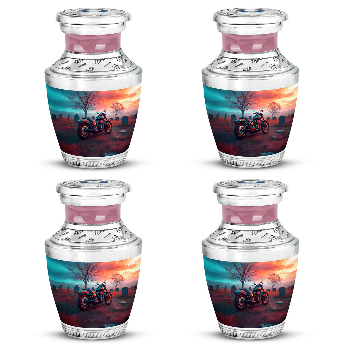 Jewel Teal Bike Cremation Urn back view with polished surface - modern art-inspired bike motif on sleek aluminum - 10 inch aluminum urn for cremated remains