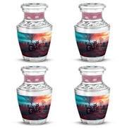 Jewel Teal Bike Cremation Urn back view with polished surface - modern art-inspired bike motif on sleek aluminum - 10 inch aluminum urn for cremated remains