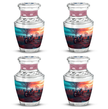 Jewel Teal Bike Cremation Urn back view with polished surface - modern art-inspired bike motif on sleek aluminum - 10 inch aluminum urn for cremated remains