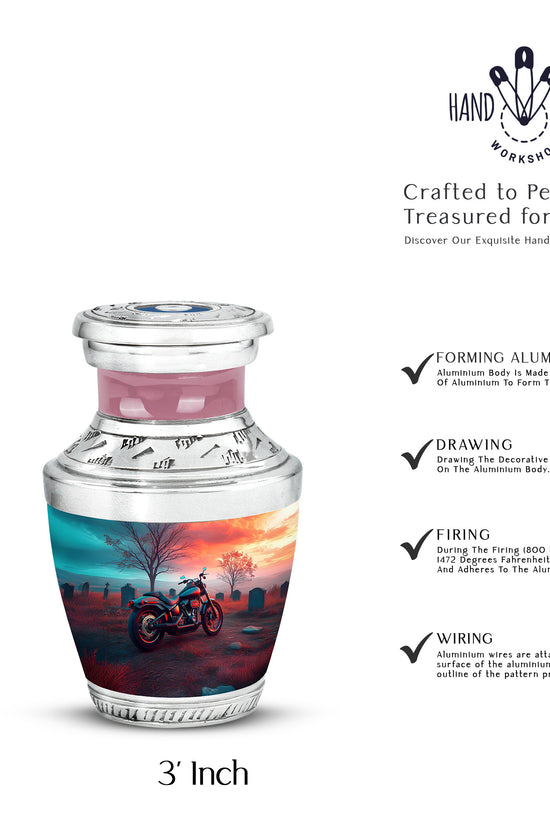 Sea Green Teal Bike Cremation Urn top-down view of secure threaded lid - contemporary bike design with modern artistic flair - mini keepsake memorial for portion of cremation ashes
