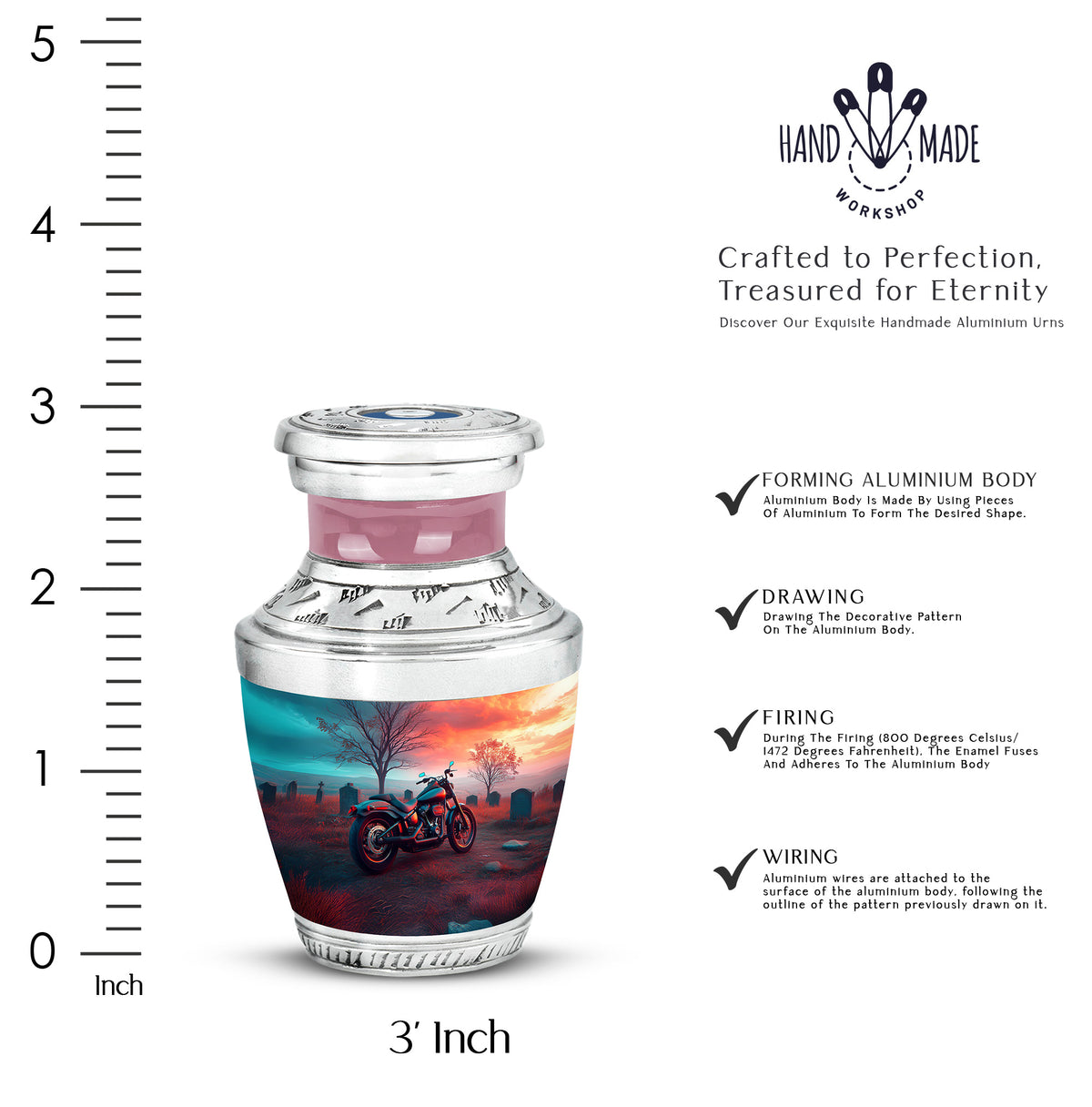 Sea Green Teal Bike Cremation Urn top-down view of secure threaded lid - contemporary bike design with modern artistic flair - mini keepsake memorial for portion of cremation ashes