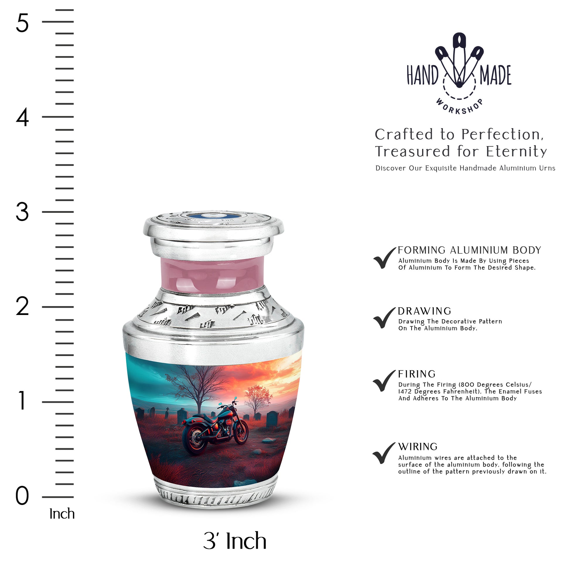 Sea Green Teal Bike Cremation Urn top-down view of secure threaded lid - contemporary bike design with modern artistic flair - mini keepsake memorial for portion of cremation ashes