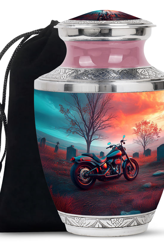 Vivid Teal Bike Cremation Urn side profile showing urn shape - artistic bike interpretation with creative detail - full-size 10 inch 200 cubic inch adult cremation urn
