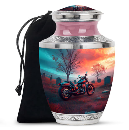 Vivid Teal Bike Cremation Urn side profile showing urn shape - artistic bike interpretation with creative detail - full-size 10 inch 200 cubic inch adult cremation urn
