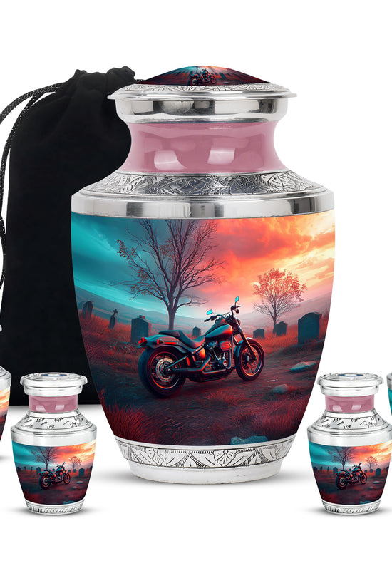 Aqua Teal Bike Cremation Urn lifestyle display on memorial shelf - artistic bike interpretation with creative detail - memorial set with one large and four small urns