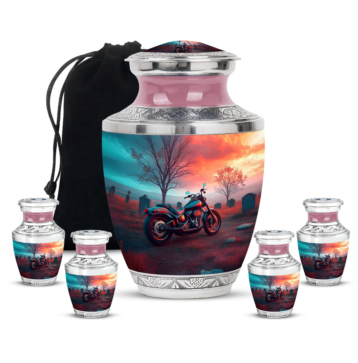 Aqua Teal Bike Cremation Urn lifestyle display on memorial shelf - artistic bike interpretation with creative detail - memorial set with one large and four small urns