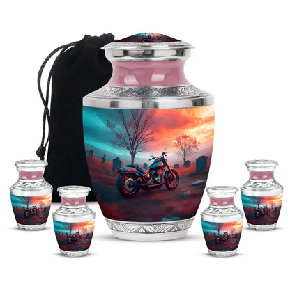 Aqua Teal Bike Cremation Urn lifestyle display on memorial shelf - artistic bike interpretation with creative detail - memorial set with one large and four small urns