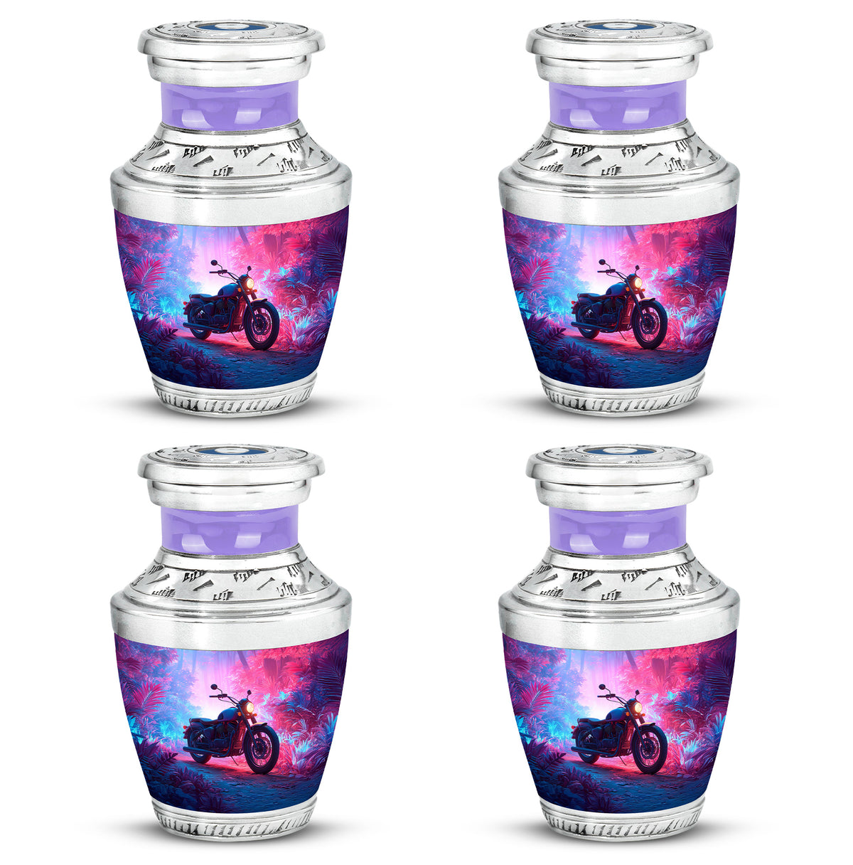 Navy Blue Bike Cremation Urn back view with polished surface - contemporary bike design with modern artistic flair - 10 inch aluminum urn for cremated remains