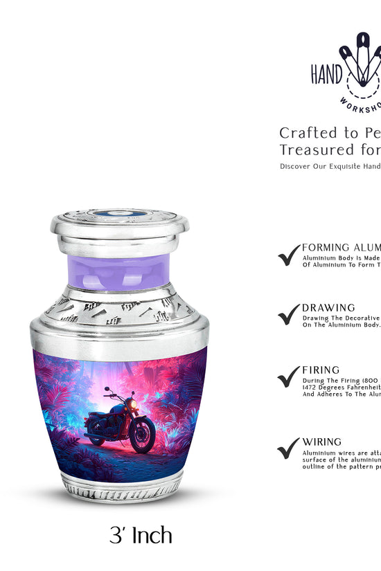 Azure Bike Cremation Urn top-down view of secure threaded lid - modern art-inspired bike motif on sleek aluminum - mini keepsake memorial for portion of cremation ashes
