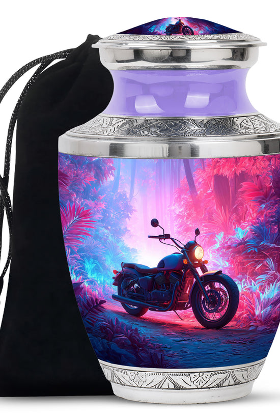 Navy Blue Bike Cremation Urn side profile showing urn shape - contemporary bike design with modern artistic flair - full-size 10 inch 200 cubic inch adult cremation urn