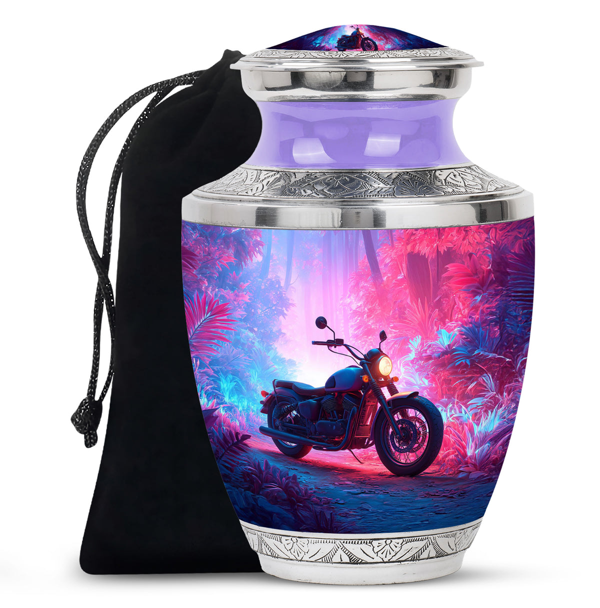 Navy Blue Bike Cremation Urn side profile showing urn shape - contemporary bike design with modern artistic flair - full-size 10 inch 200 cubic inch adult cremation urn