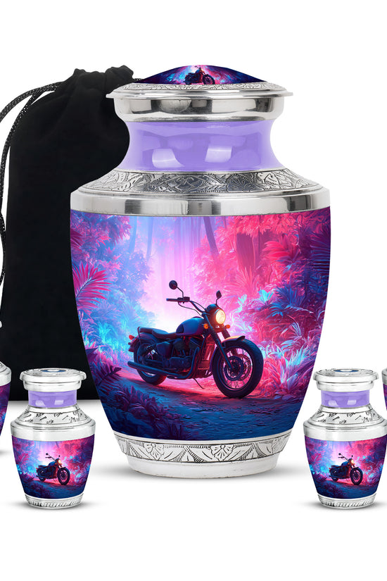 Pastel Blue Bike Cremation Urn lifestyle display on memorial shelf - modern art-inspired bike motif on sleek aluminum - memorial set with one large and four small urns