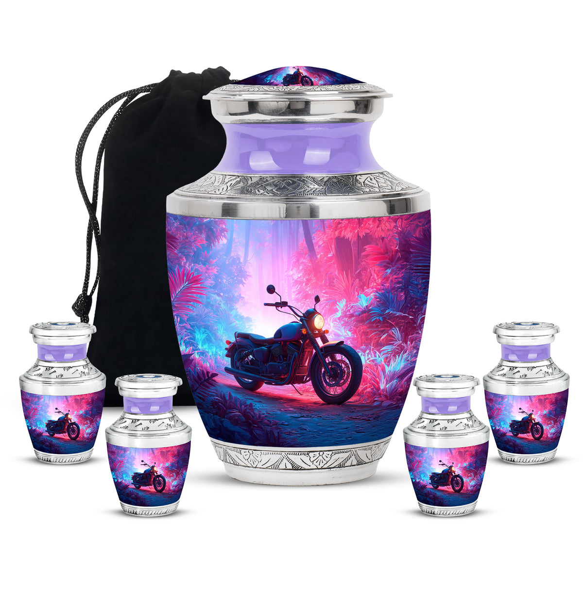 Pastel Blue Bike Cremation Urn lifestyle display on memorial shelf - modern art-inspired bike motif on sleek aluminum - memorial set with one large and four small urns