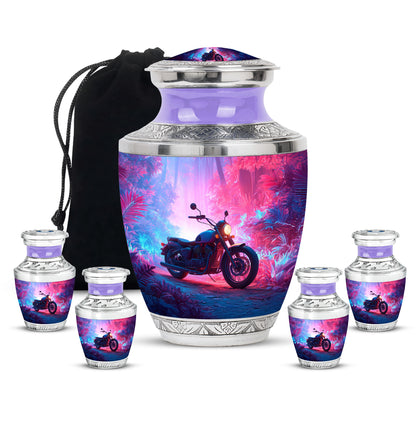 Pastel Blue Bike Cremation Urn lifestyle display on memorial shelf - modern art-inspired bike motif on sleek aluminum - memorial set with one large and four small urns