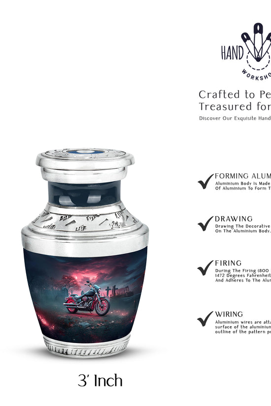 Vivid Blue Bike Cremation Urn top-down view of secure threaded lid - stylized abstract bike pattern with bold lines - mini keepsake memorial for portion of cremation ashes