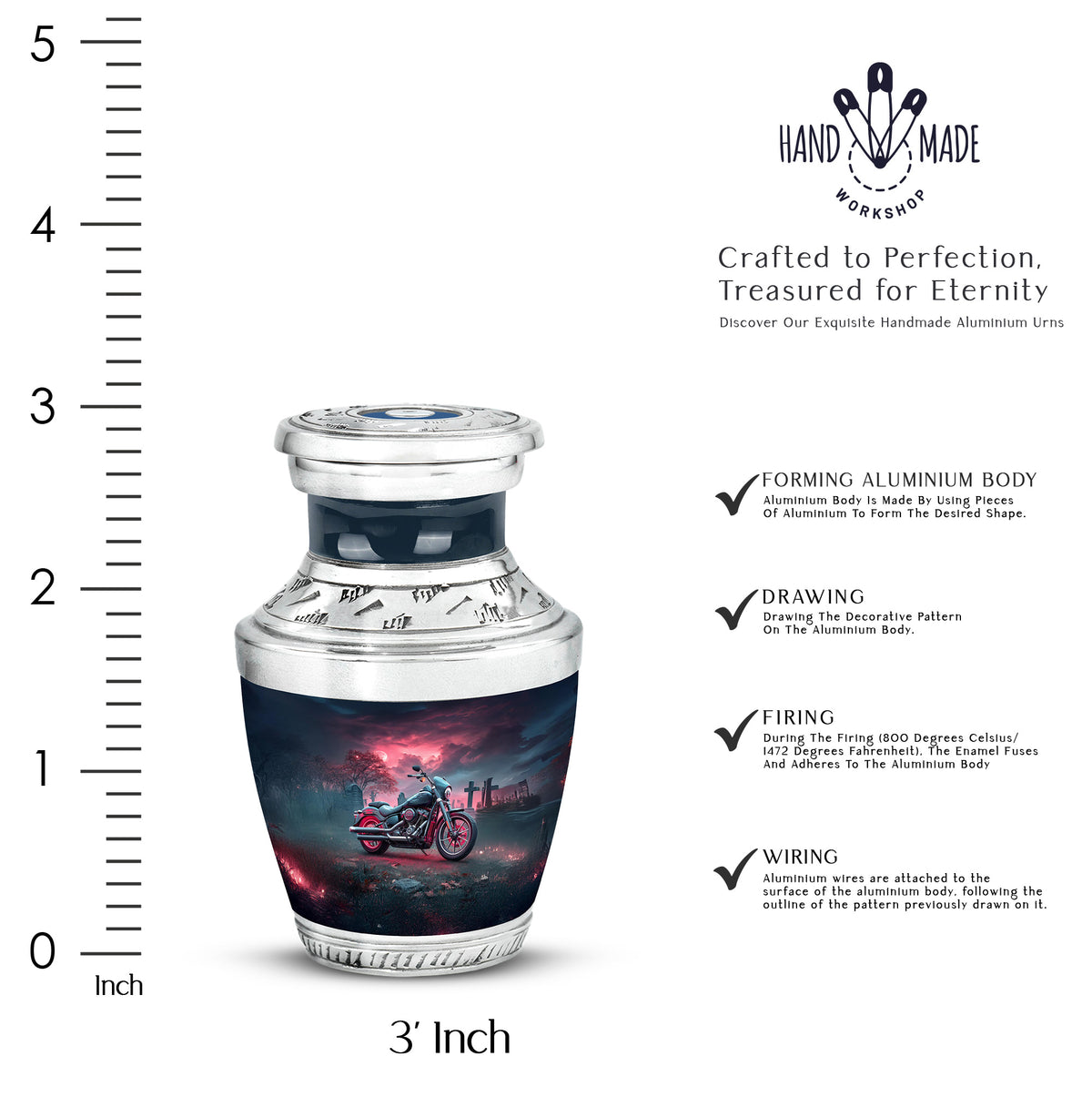 Vivid Blue Bike Cremation Urn top-down view of secure threaded lid - stylized abstract bike pattern with bold lines - mini keepsake memorial for portion of cremation ashes