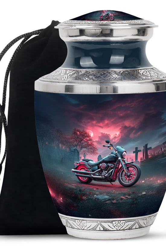 Powder Blue Bike Cremation Urn side profile showing urn shape - contemporary bike design with modern artistic flair - full-size 10 inch 200 cubic inch adult cremation urn
