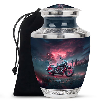 Powder Blue Bike Cremation Urn side profile showing urn shape - contemporary bike design with modern artistic flair - full-size 10 inch 200 cubic inch adult cremation urn
