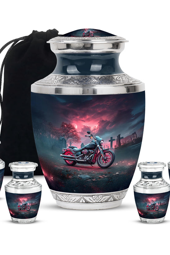 Twilight Blue Bike Cremation Urn lifestyle display on memorial shelf - artistic bike interpretation with creative detail - memorial set with one large and four small urns