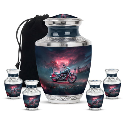 Twilight Blue Bike Cremation Urn lifestyle display on memorial shelf - artistic bike interpretation with creative detail - memorial set with one large and four small urns