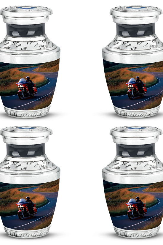 Cornflower Blue Bike Cremation Urn back view with polished surface - artistic bike interpretation with creative detail - 10 inch aluminum urn for cremated remains