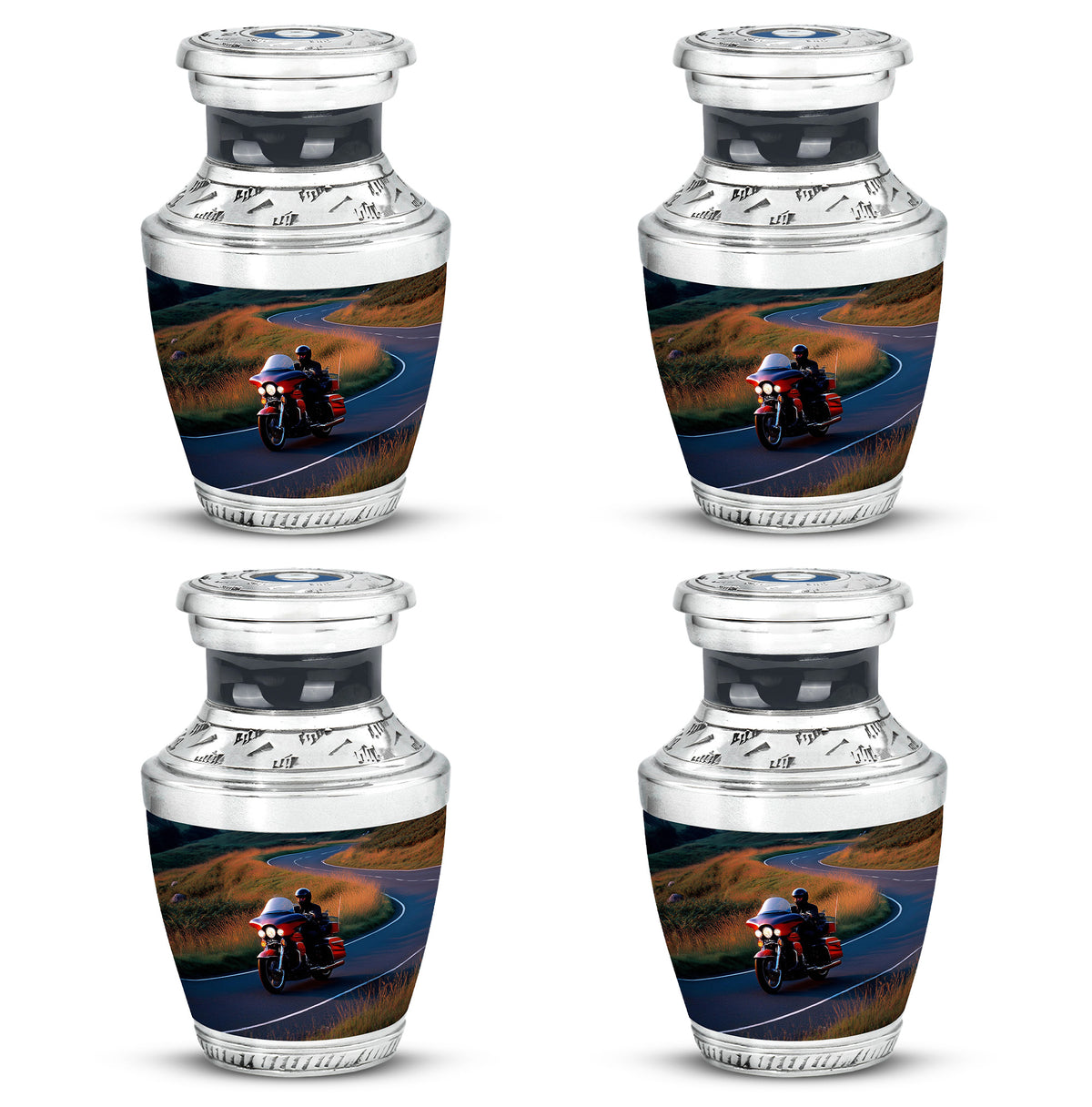 Cornflower Blue Bike Cremation Urn back view with polished surface - artistic bike interpretation with creative detail - 10 inch aluminum urn for cremated remains