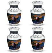 Cornflower Blue Bike Cremation Urn back view with polished surface - artistic bike interpretation with creative detail - 10 inch aluminum urn for cremated remains