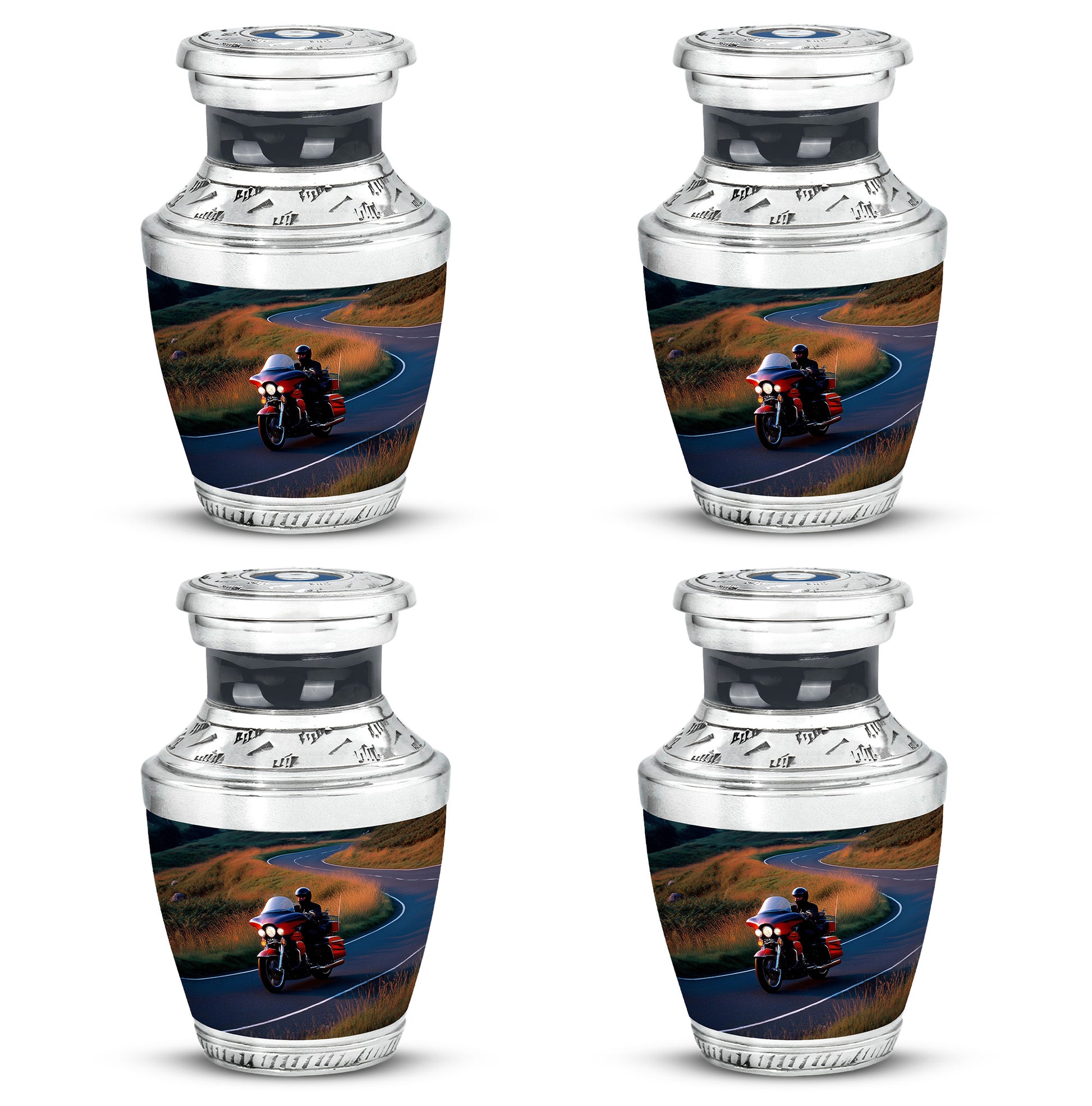 Cornflower Blue Bike Cremation Urn back view with polished surface - artistic bike interpretation with creative detail - 10 inch aluminum urn for cremated remains