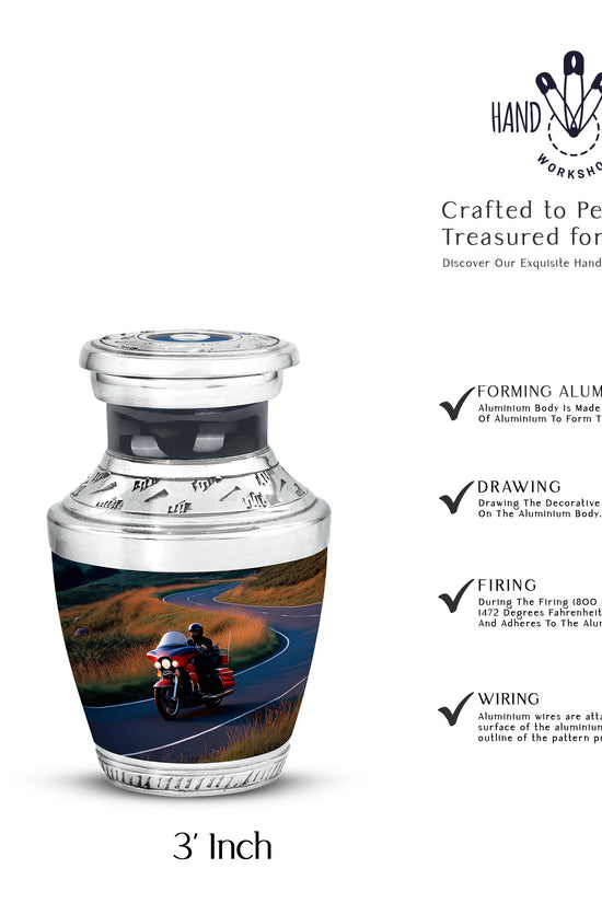 Bright Blue Bike Cremation Urn top-down view of secure threaded lid - stylized abstract bike pattern with bold lines - mini keepsake memorial for portion of cremation ashes
