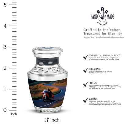 Bright Blue Bike Cremation Urn top-down view of secure threaded lid - stylized abstract bike pattern with bold lines - mini keepsake memorial for portion of cremation ashes