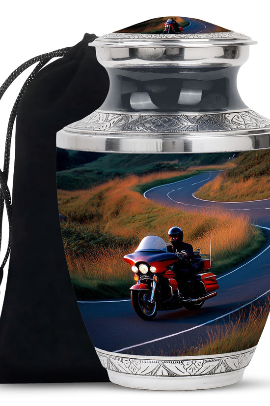 Steel Blue Bike Cremation Urn side profile showing urn shape - stylized abstract bike pattern with bold lines - full-size 10 inch 200 cubic inch adult cremation urn