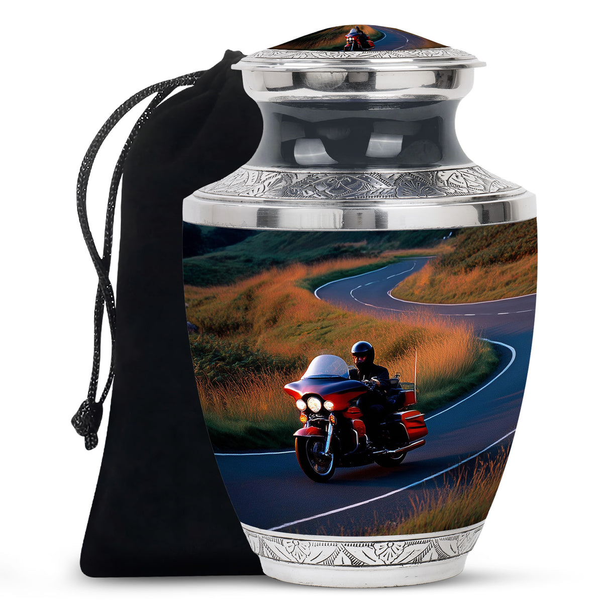 Steel Blue Bike Cremation Urn side profile showing urn shape - stylized abstract bike pattern with bold lines - full-size 10 inch 200 cubic inch adult cremation urn