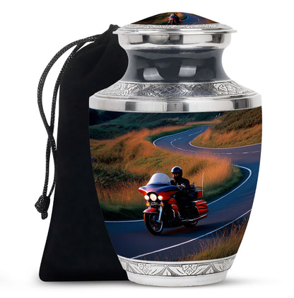 Steel Blue Bike Cremation Urn side profile showing urn shape - stylized abstract bike pattern with bold lines - full-size 10 inch 200 cubic inch adult cremation urn