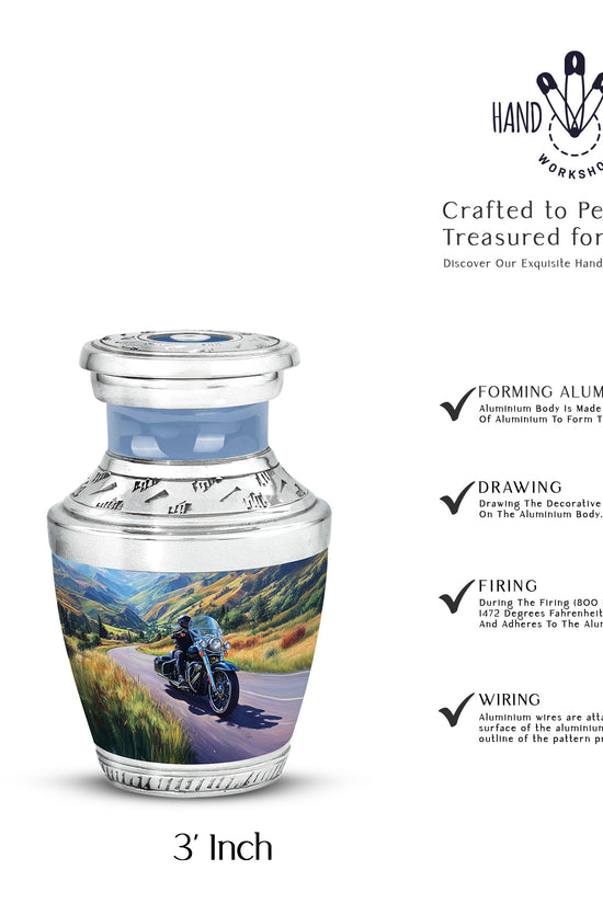 Calming Blue Bike Cremation Urn top-down view of secure threaded lid - artistic bike interpretation with creative detail - mini keepsake memorial for portion of cremation ashes