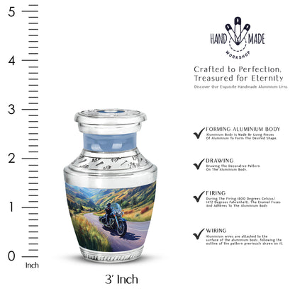 Calming Blue Bike Cremation Urn top-down view of secure threaded lid - artistic bike interpretation with creative detail - mini keepsake memorial for portion of cremation ashes