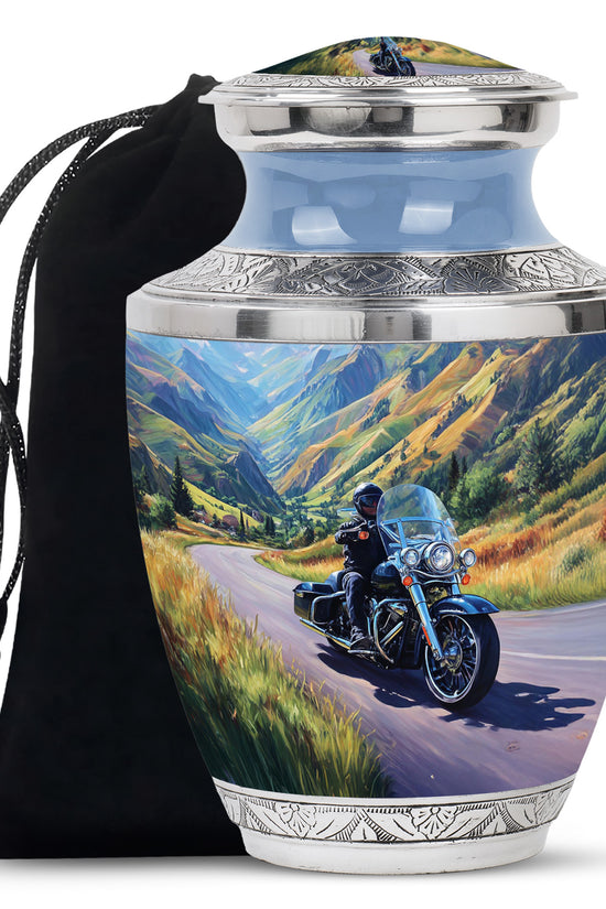 Vivid Blue Bike Cremation Urn side profile showing urn shape - artistic bike interpretation with creative detail - full-size 10 inch 200 cubic inch adult cremation urn