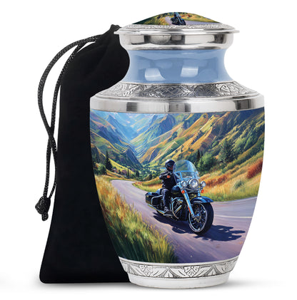 Vivid Blue Bike Cremation Urn side profile showing urn shape - artistic bike interpretation with creative detail - full-size 10 inch 200 cubic inch adult cremation urn