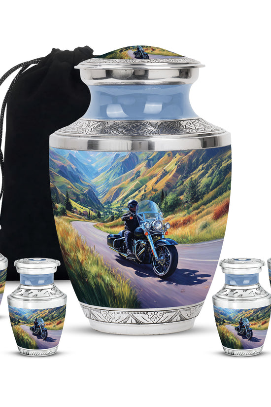 Slate Blue Bike Cremation Urn lifestyle display on memorial shelf - contemporary bike design with modern artistic flair - memorial set with one large and four small urns