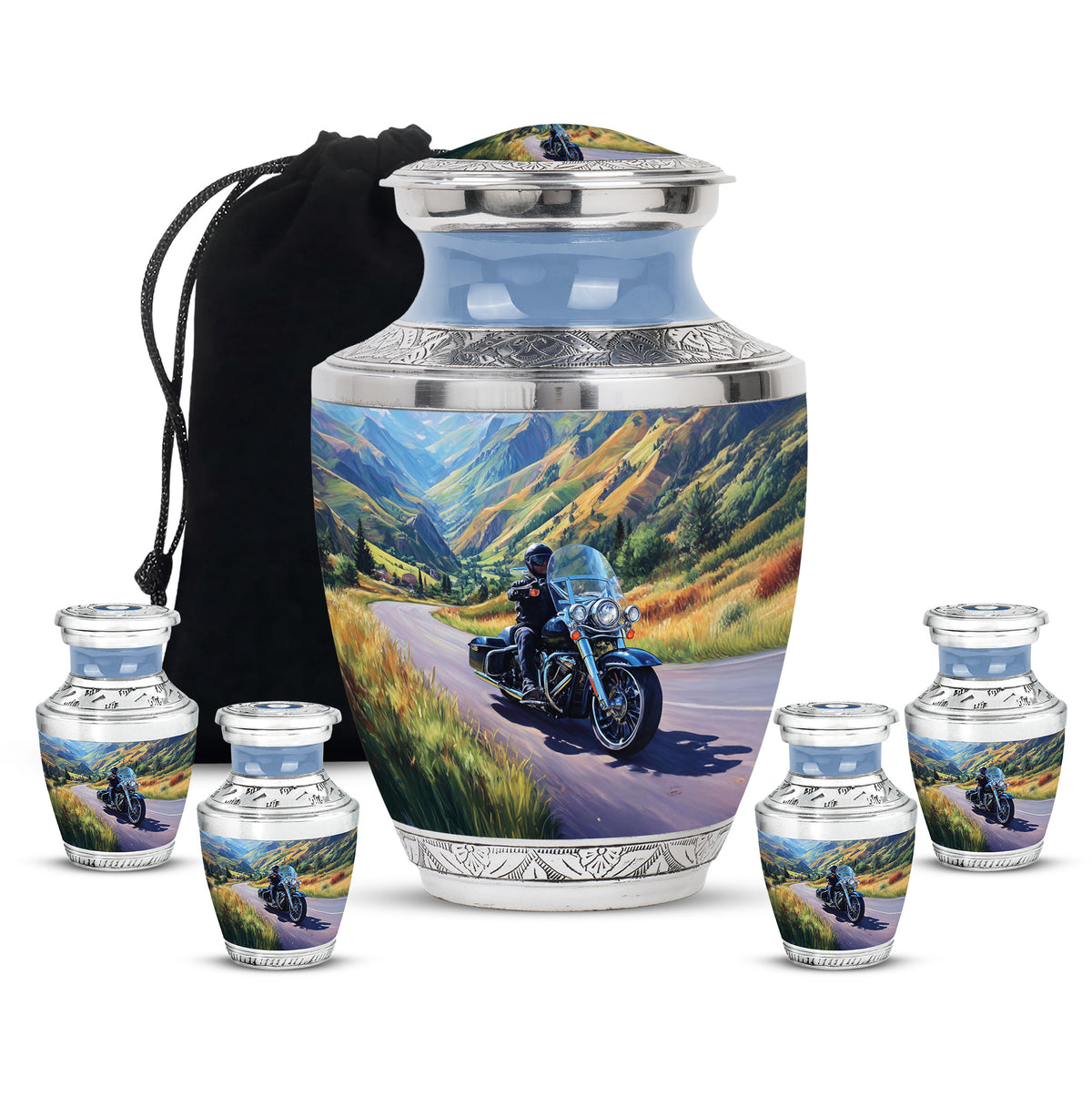 Slate Blue Bike Cremation Urn lifestyle display on memorial shelf - contemporary bike design with modern artistic flair - memorial set with one large and four small urns