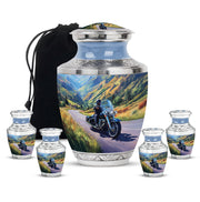 Slate Blue Bike Cremation Urn lifestyle display on memorial shelf - contemporary bike design with modern artistic flair - memorial set with one large and four small urns