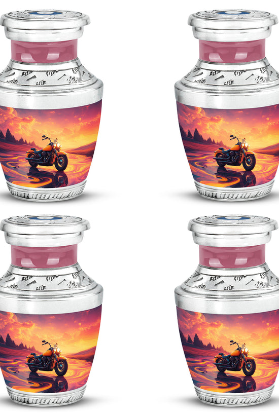 Rose Pink Bike Cremation Urn back view with polished surface - modern art-inspired bike motif on sleek aluminum - 10 inch aluminum urn for cremated remains