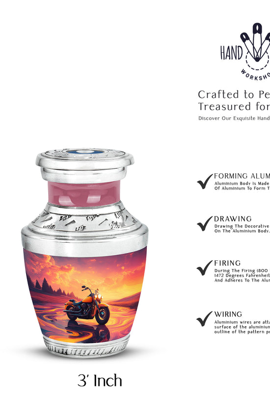 Dusty Pink Bike Cremation Urn top-down view of secure threaded lid - artistic bike interpretation with creative detail - mini keepsake memorial for portion of cremation ashes