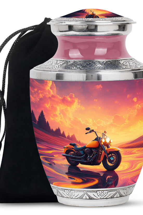 Petal Pink Bike Cremation Urn side profile showing urn shape - artistic bike interpretation with creative detail - full-size 10 inch 200 cubic inch adult cremation urn