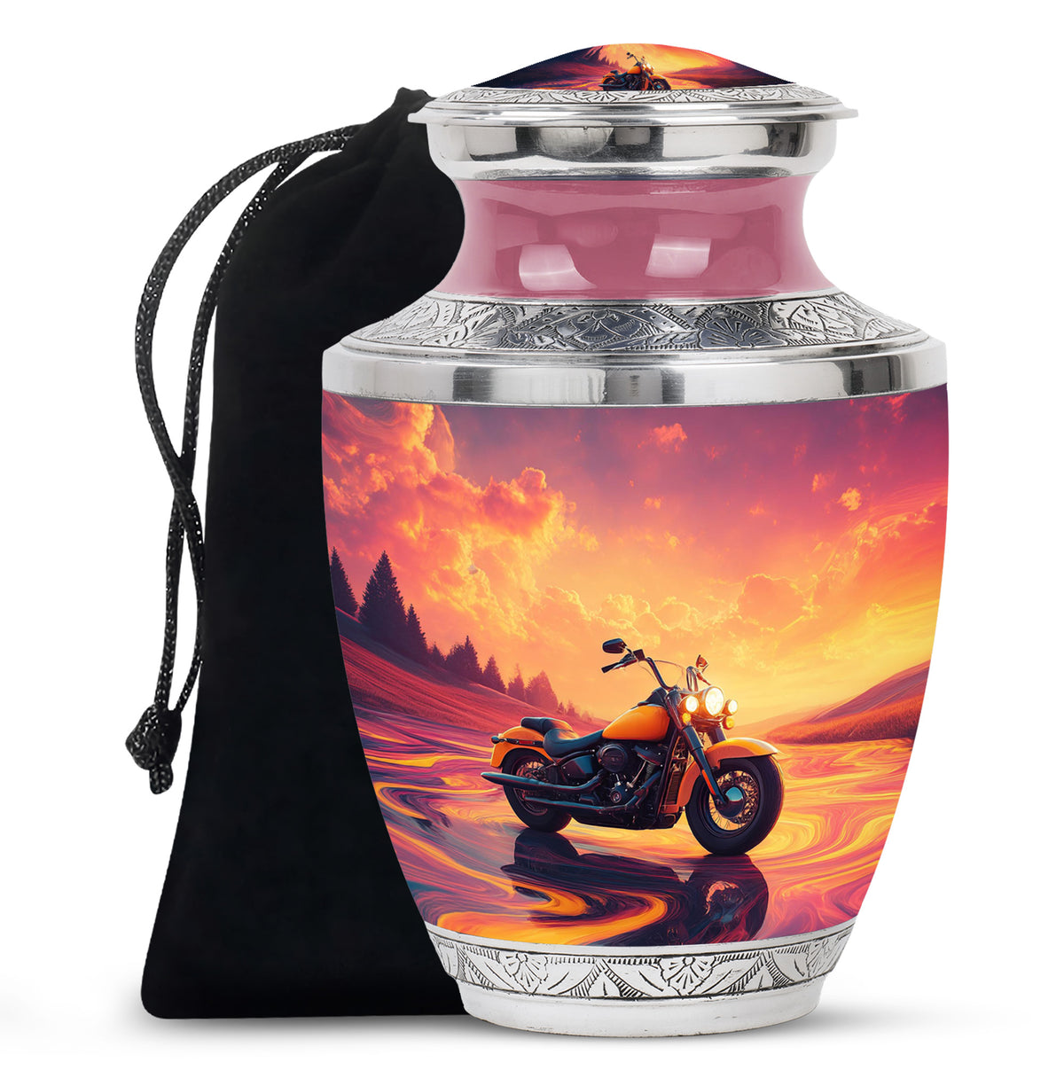 Petal Pink Bike Cremation Urn side profile showing urn shape - artistic bike interpretation with creative detail - full-size 10 inch 200 cubic inch adult cremation urn